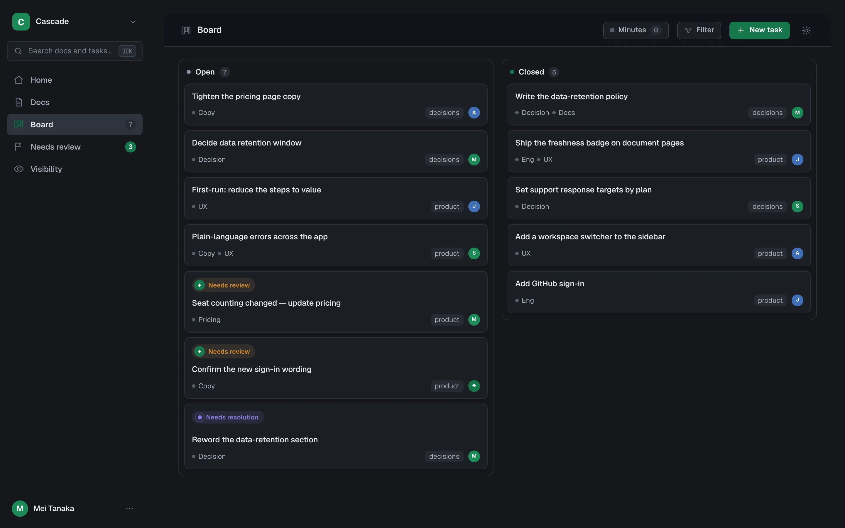 kaname board: GitHub Issues rendered as a two-column task board with no git terminology