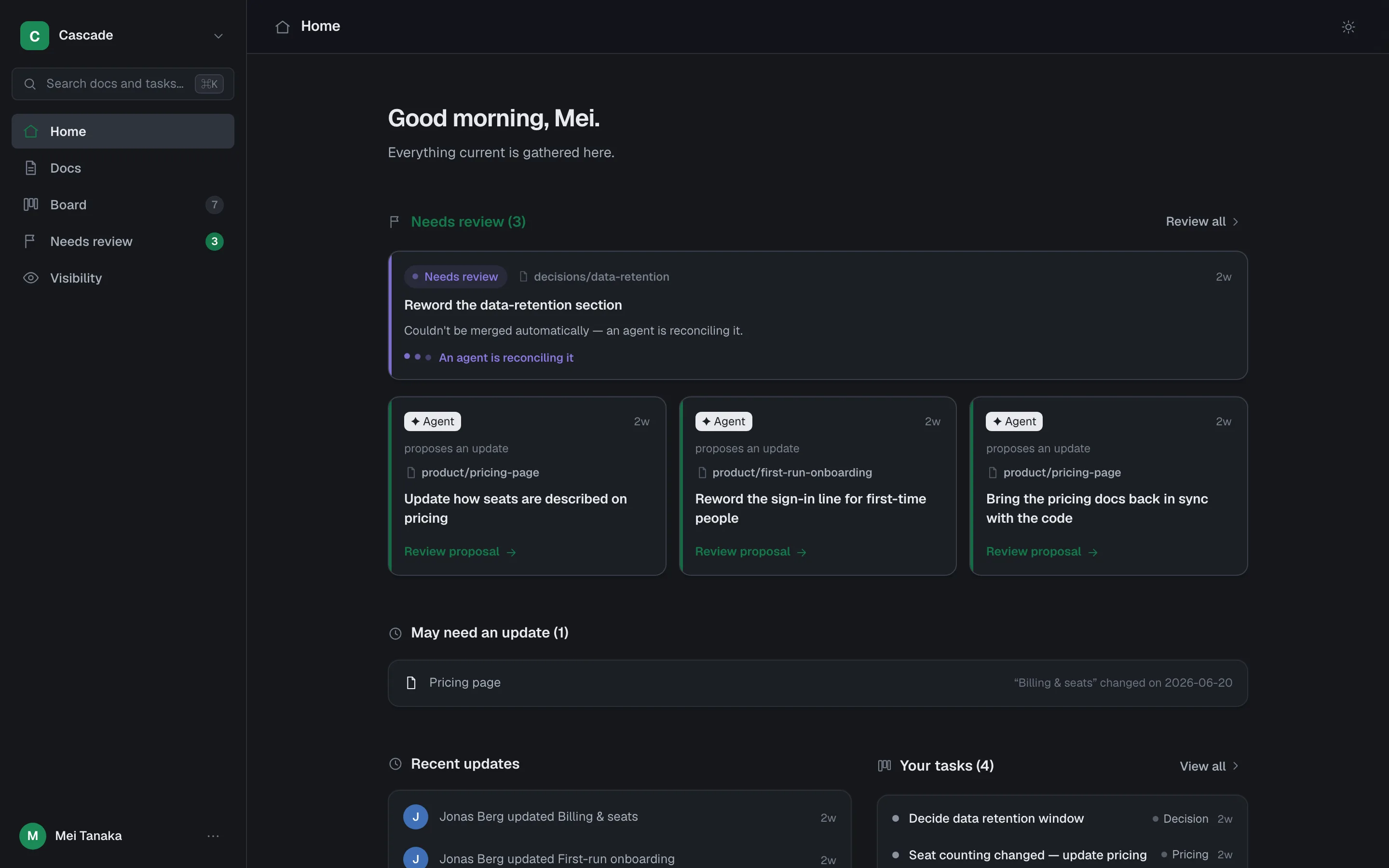 kaname home screen: pending reviews, stale-doc warnings, and recent activity in a dark workspace UI
