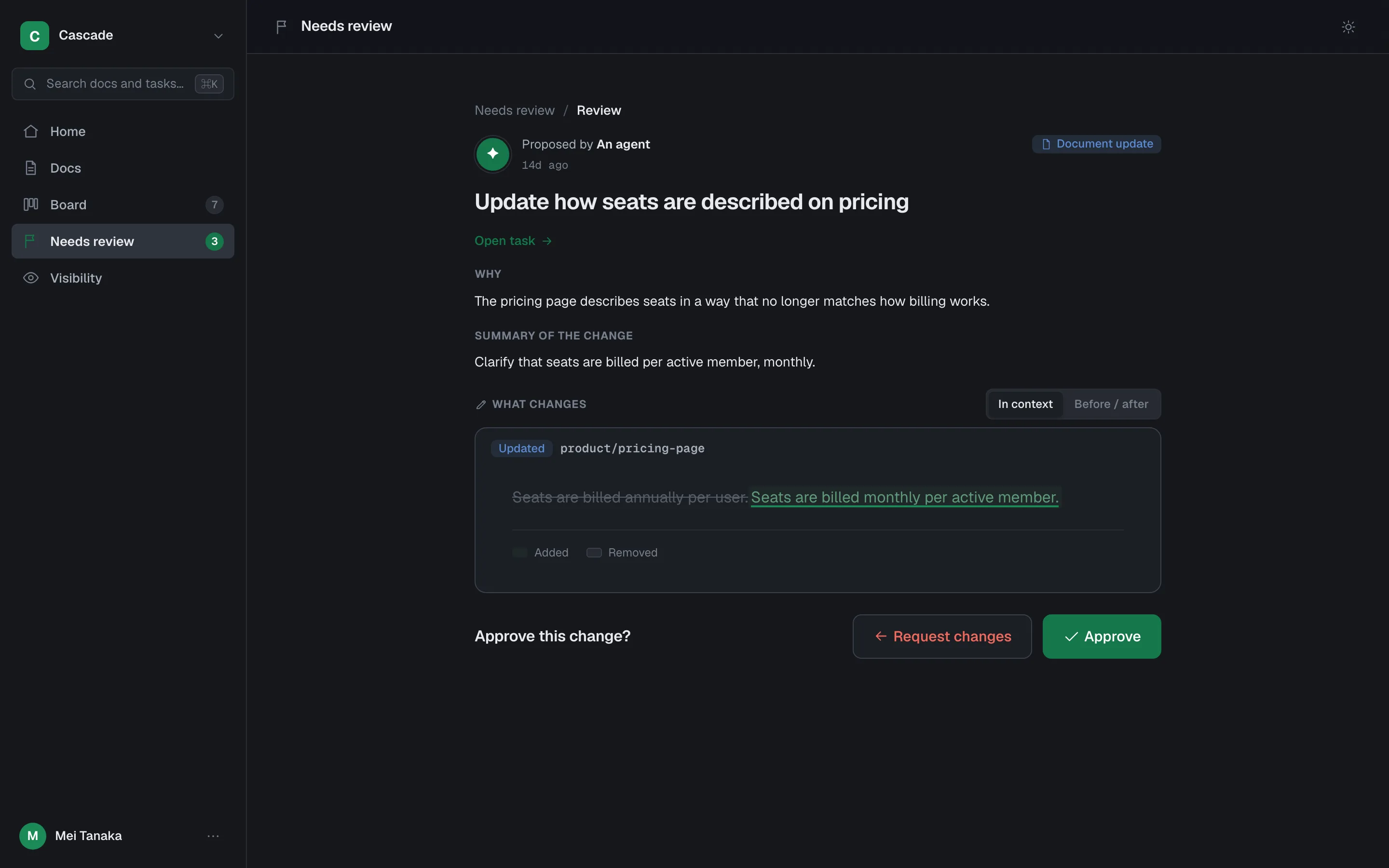 kaname review screen: a plain-language summary of a proposed doc change with Approve and Request changes buttons
